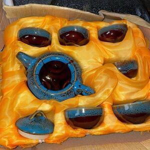 Blue and Brown Ceramic Tea Set